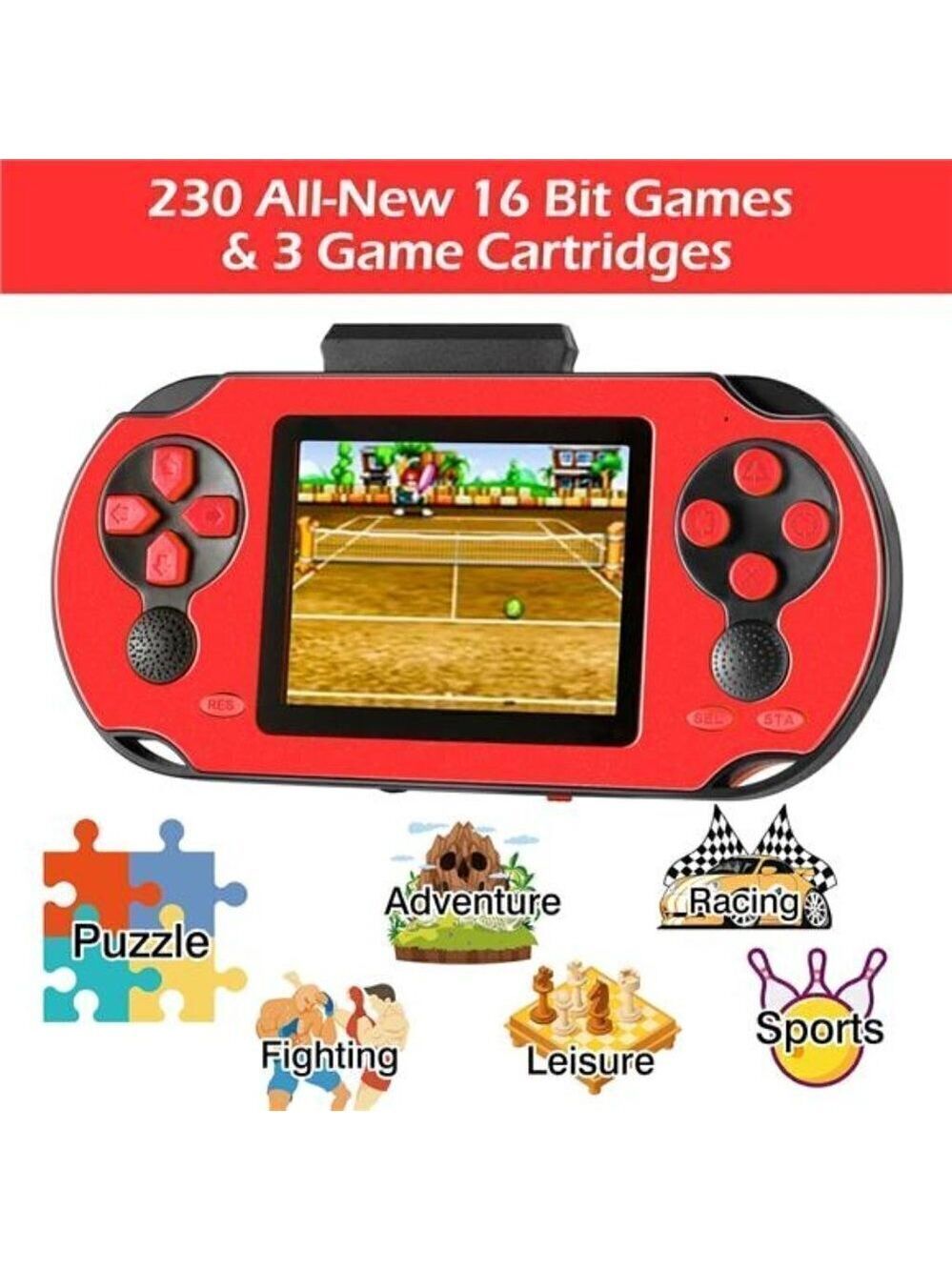 16 Bit Handheld 230 Games Console System Kids Adults, 3.0'' Large Screen HD RED